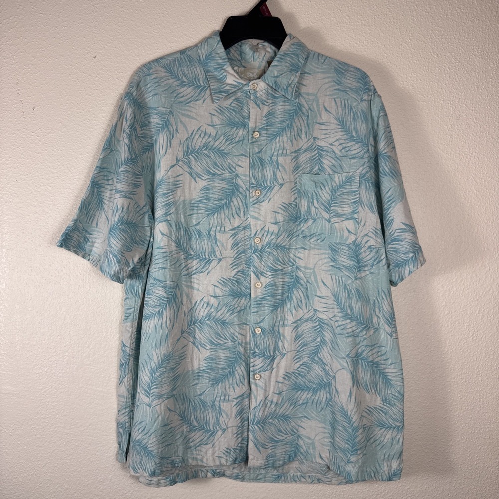 Tasso Elba Men's Hawaiian Shirt Silk Linen Blend Short Sleeve Turquoise Sz Large